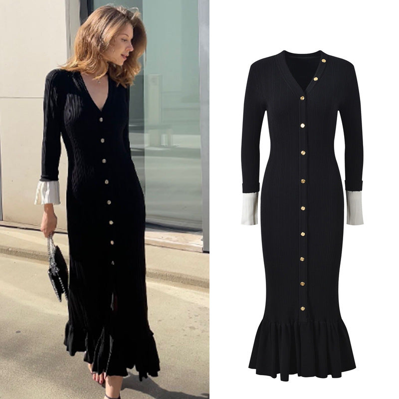 Sandro Elegant V-Neck Mermaid Knit Dress with Button Detail